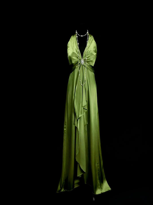 Neckholder Grün Satin Langes Ballkleid Elegantes Abendkleid J7992
