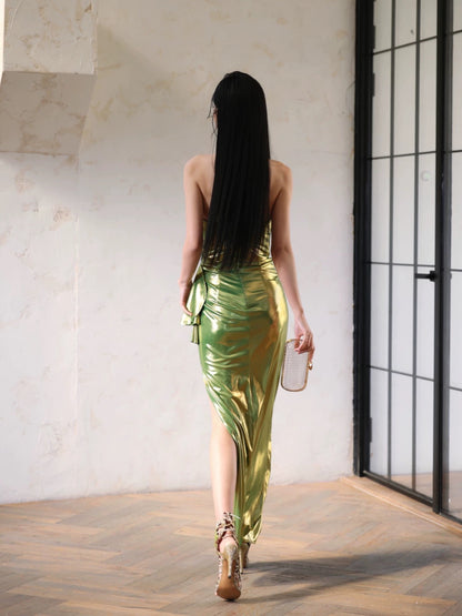 Strapless Green Sheath Prom Dress Slit Evening Dress J6765