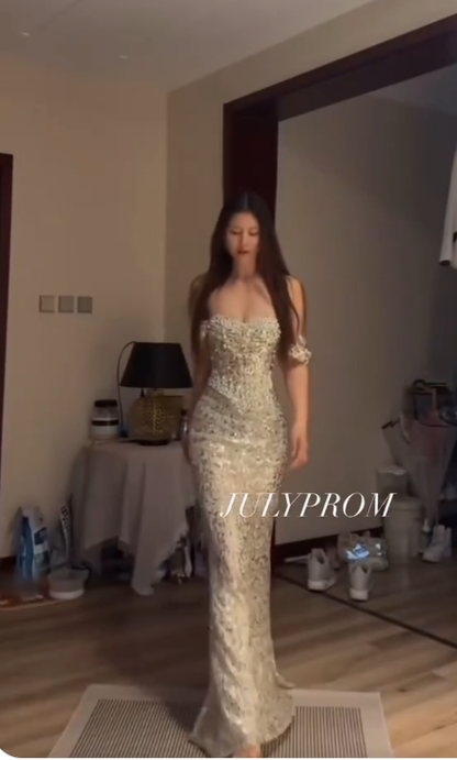 Sequin Mermaid Prom Dress With Pearl Formal Sexy Evening Dress J6767