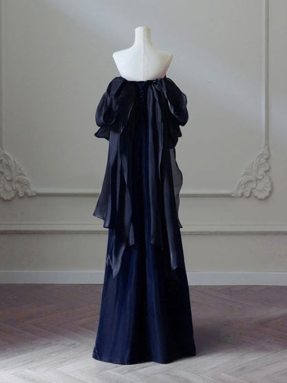 Robe de bal bleu marine à épaules dénudées, robe de soirée trapèze, J6781