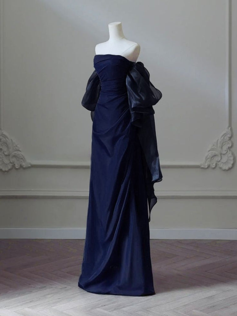 Robe de bal bleu marine à épaules dénudées, robe de soirée trapèze, J6781