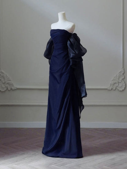Robe de bal bleu marine à épaules dénudées, robe de soirée trapèze, J6781