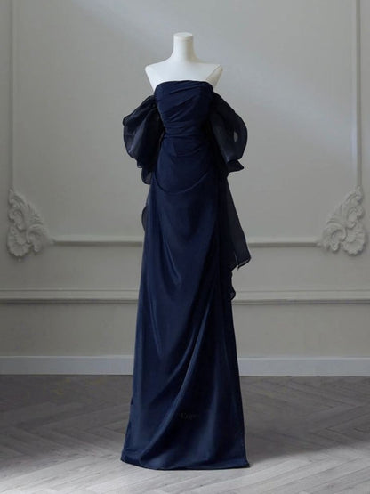 Robe de bal bleu marine à épaules dénudées, robe de soirée trapèze, J6781