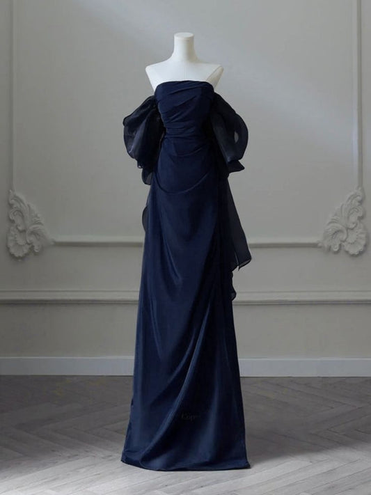 Schulterfreies marineblaues Ballkleid in A-Linie, formelles Abendkleid J6781