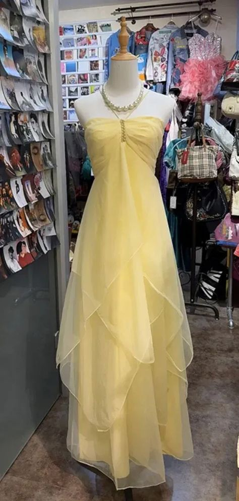Strapless Yellow A Line Vintage Dress Ruffle Formal Party Dress J6783