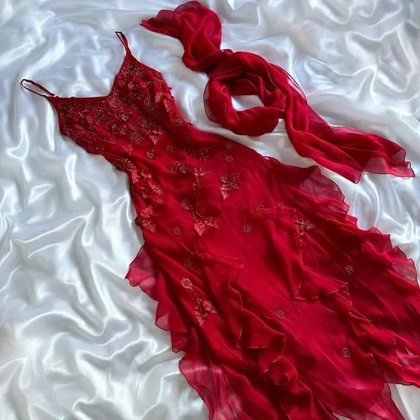 Spaghetti Straps Red Ruffle Long Prom Dress Applique Chiffon Birthday Dress J8262