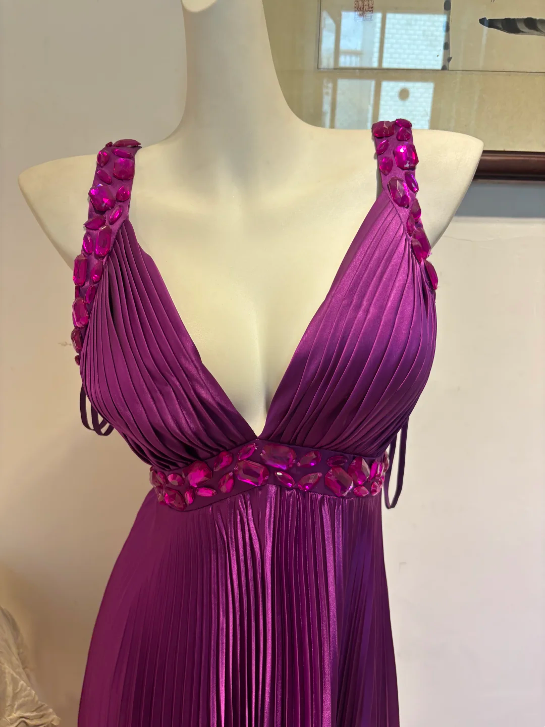 Beaded Purple Long Prom Dress Pleated Satin Evening Gown J8461