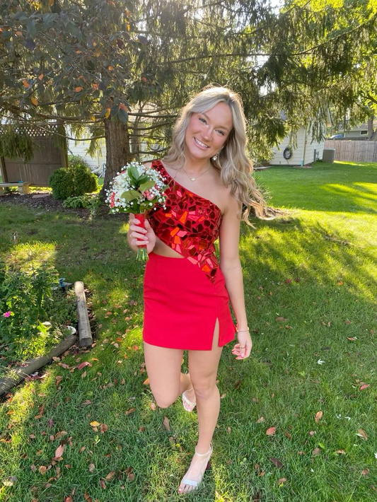 One Shoulder Sheath Red Homecoming Dress J6793