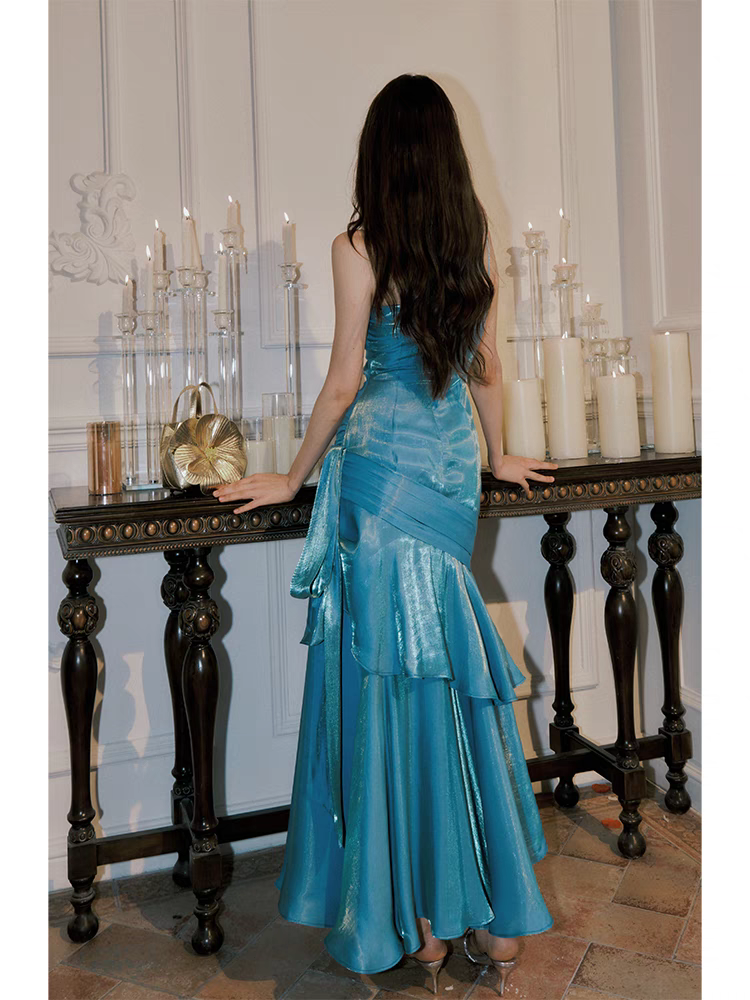 Robe de bal bleue à bretelles spaghetti et volants, tenue de soirée formelle J6804