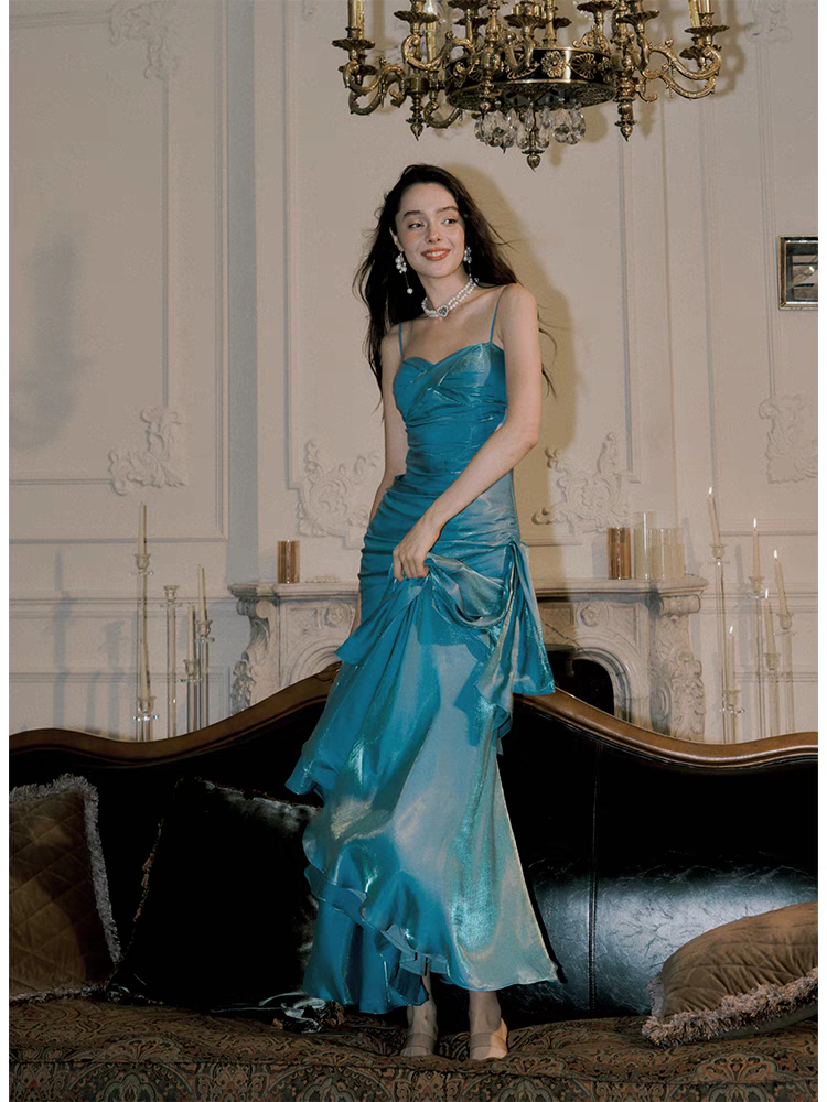 Robe de bal bleue à bretelles spaghetti et volants, tenue de soirée formelle J6804