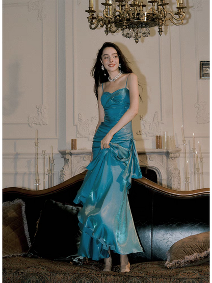 Robe de bal bleue à bretelles spaghetti et volants, tenue de soirée formelle J6804