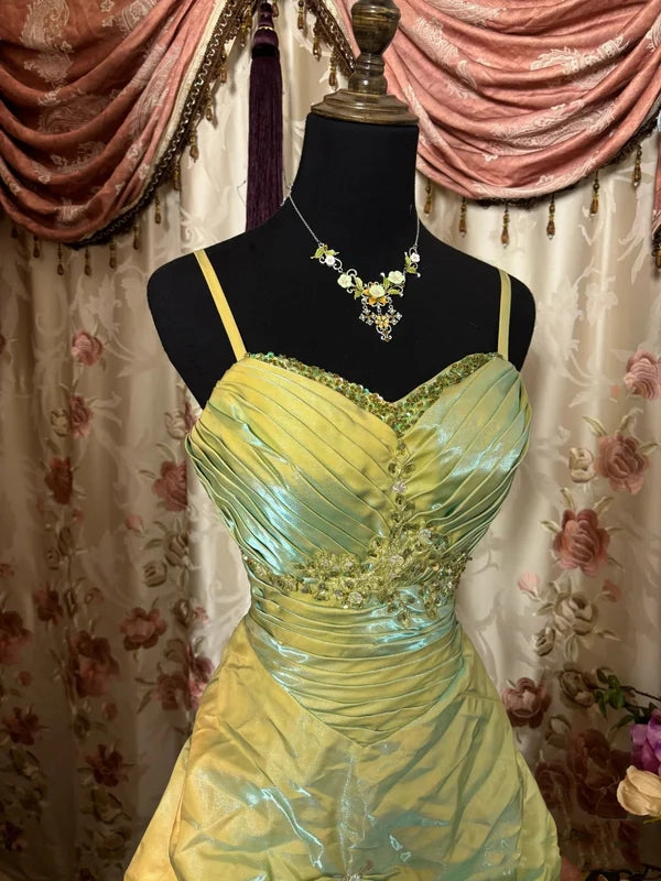 Spaghetti Straps Green A Line Long Prom Dress Beaded Vintage Evening Dress J8366