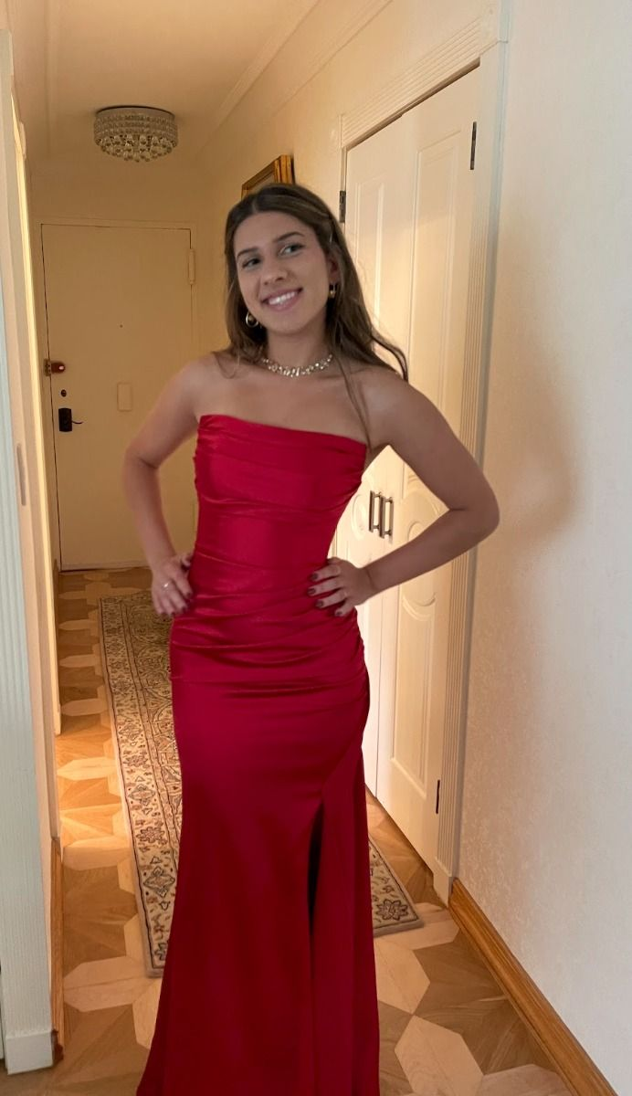 Trägerloses rotes Meerjungfrau-Abschlussballkleid mit Schlitz, sexy Abendkleid J6800