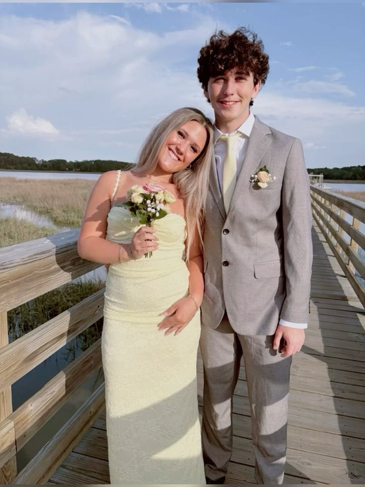 Spaghetti Straps Yellow Sheath Lace Prom Dress Formal Party Gown J6805