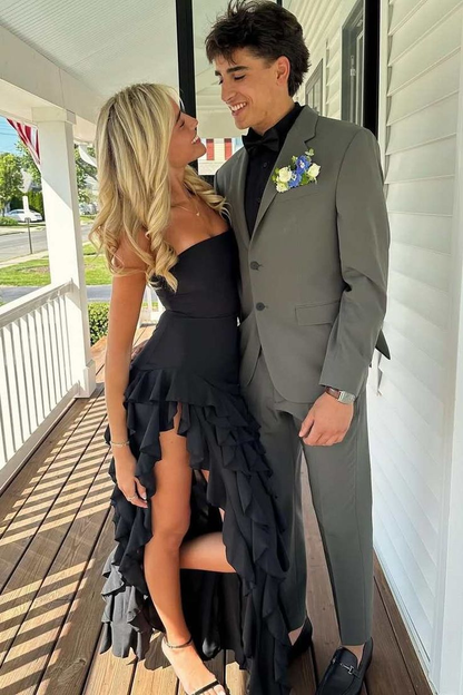 Trägerloses A-Linien-Ballkleid mit Rüschen und Schlitz, schwarzes Abendkleid J6809