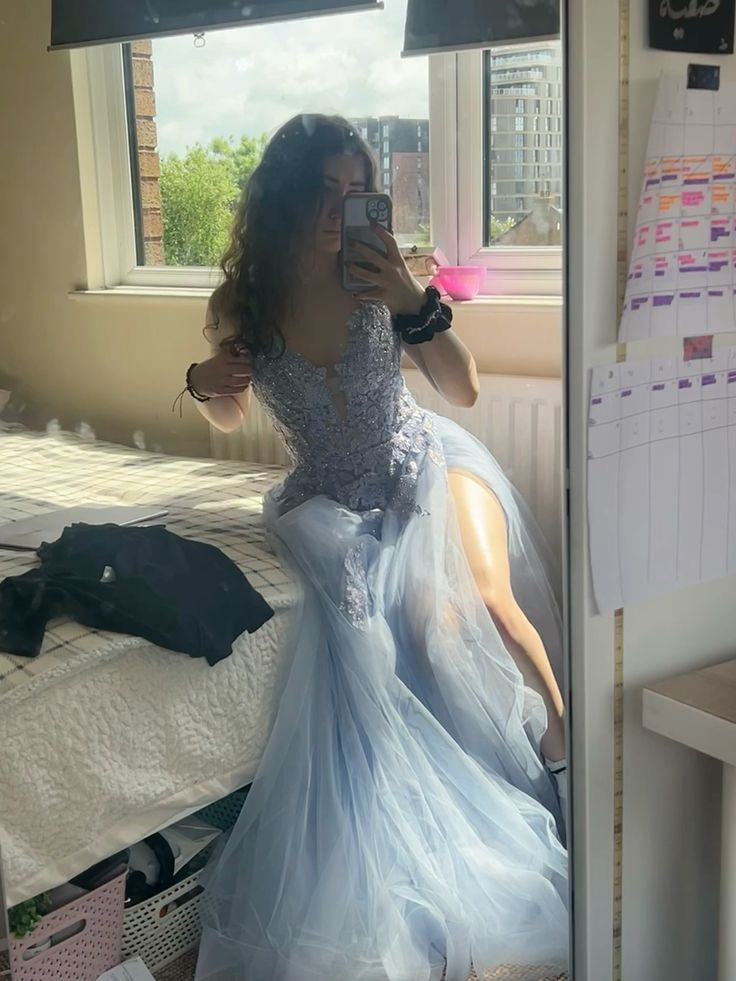 V Neck A Line Blue Prom Dress Tulle Applique Formal Dress With Slit J6814