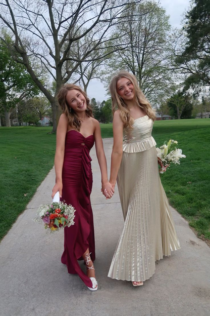 Robe de bal plissée dorée coupe trapèze, robe de soirée formelle J6831