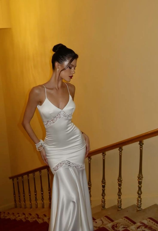 Spaghetti Straps White Satin Mermaid Evening Dress Lace Birthday Dress J6833