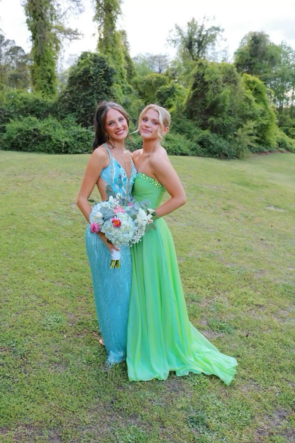 Grünes A-Linien-Ballkleid mit Perlen und Herzausschnitt, formelles Partykleid J6835