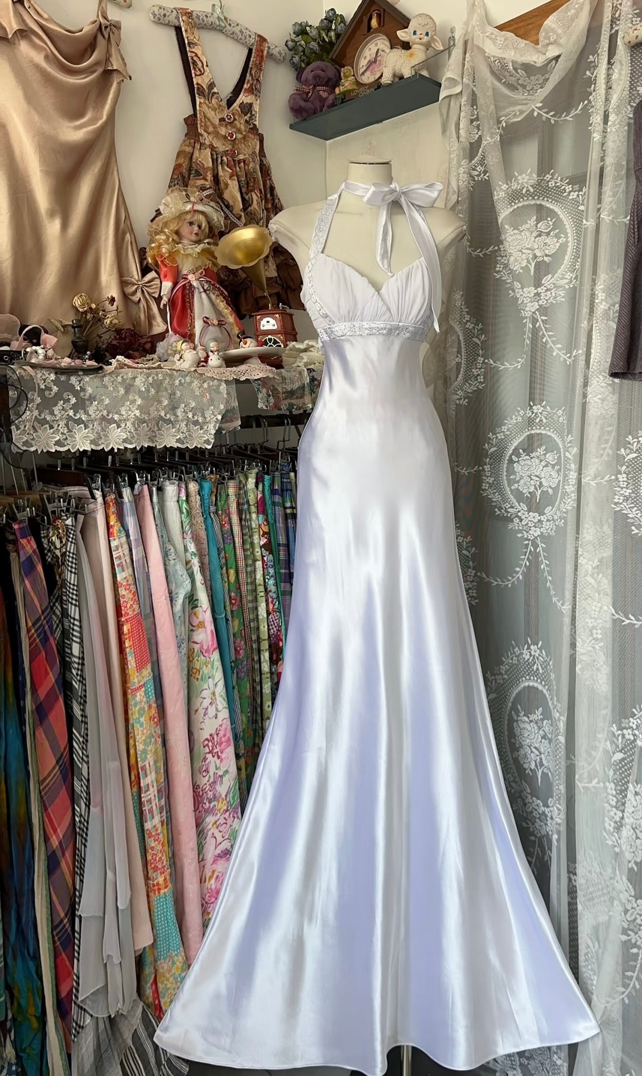 Halter Mermaid White Evening Dress Vintage Formal Party Dress Prom Dress J6820