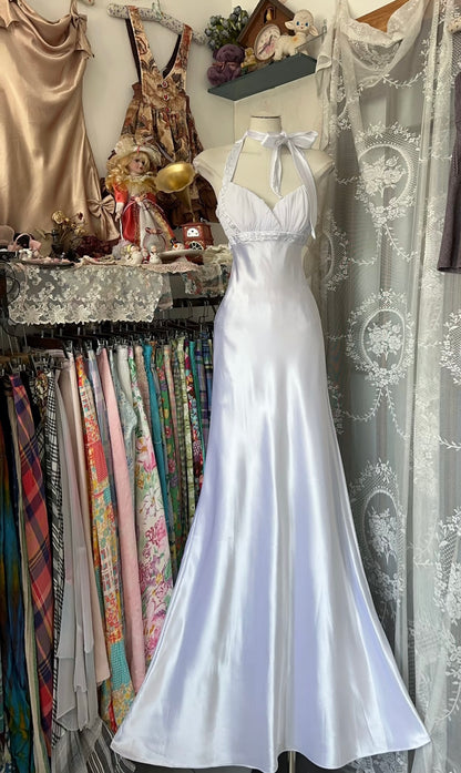 Halter Mermaid White Evening Dress Vintage Formal Party Dress Prom Dress J6820