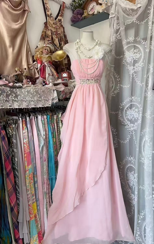 Strapless A Line Pink Chiffon Prom Dress Beaded Vintage Dress J6822