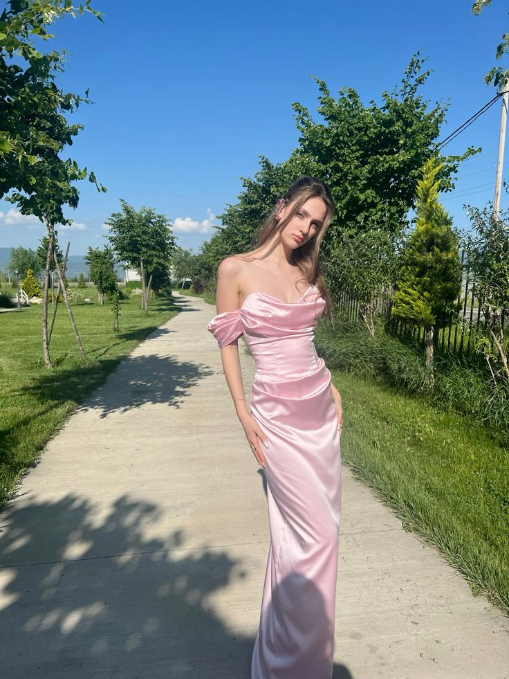 Off The Shoulder Pink Satin Prom Dress Sheath Evening Dress J6841