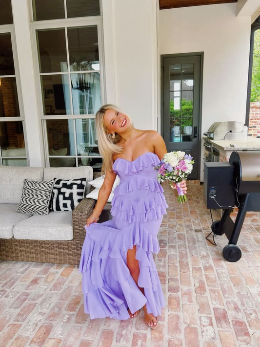 Sweetheart Purple Ruffle Prom Dress Slit Formal Party Gown  J6842