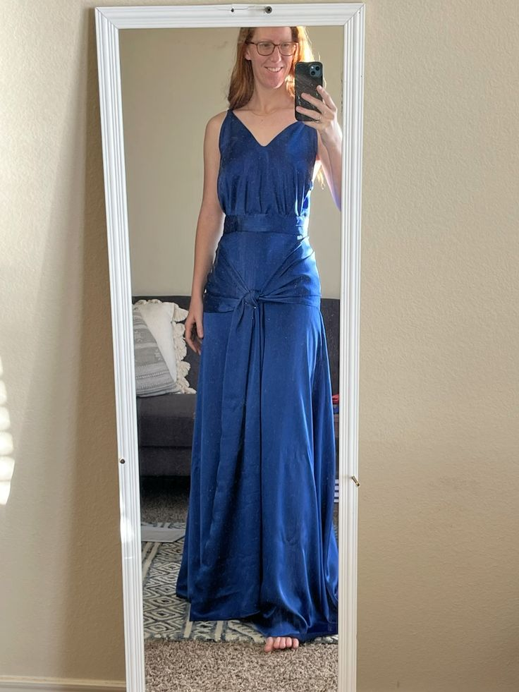 V-Ausschnitt A-Linie Blau Satin Abendkleid Formelle Partykleid J6847