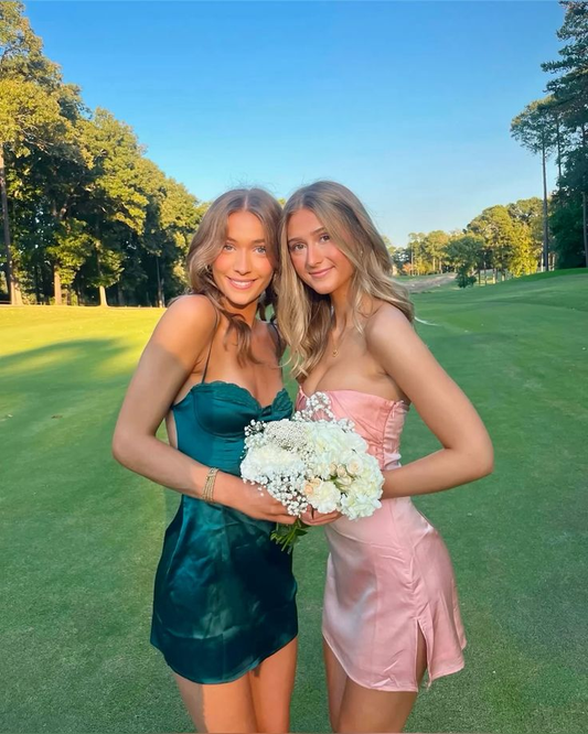 Spaghetti Straps Green Satin Short Homecoming Dress J6870