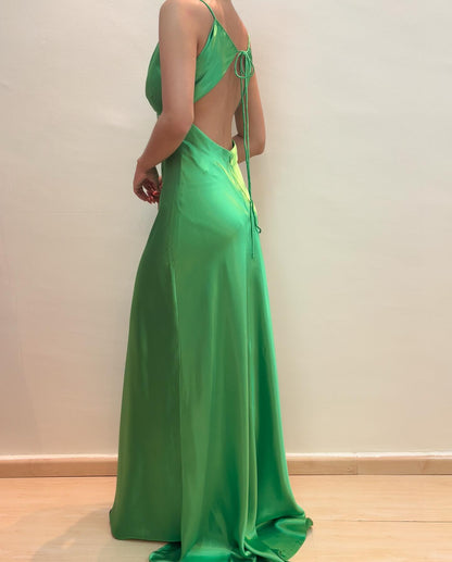 V Neck Green Satin Prom Dress Vintage Formal Dress J6874