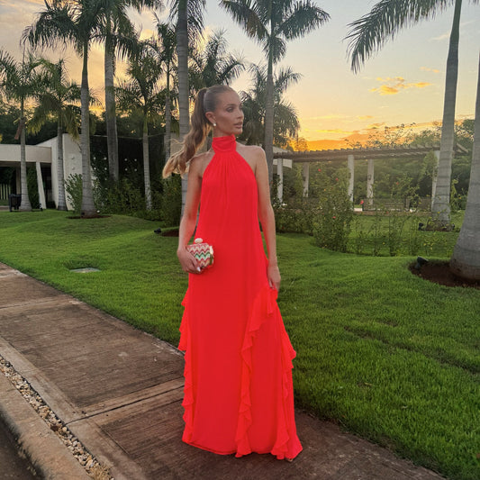 Neckholder A-Linie Rüschen Hochzeitsgastkleid Chiffon Abendkleid J6876