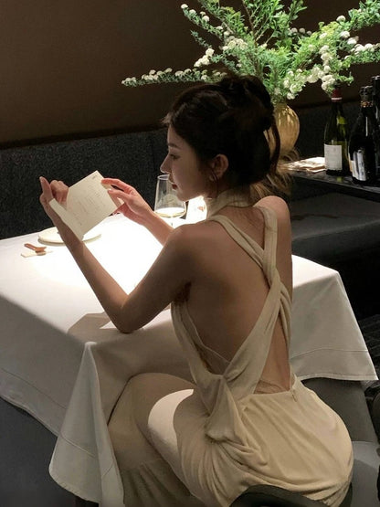 Robe de soirée sexy dos nu en mousseline de soie, robe longue formelle ivoire J7301