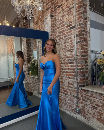 Robe de bal sirène en satin bleu sans bretelles, robe de soirée formelle J6880