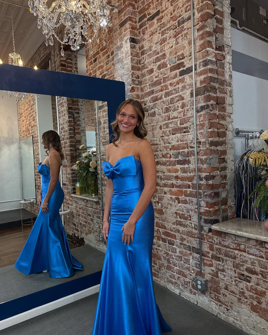 Trägerloses blaues Meerjungfrau-Satin-Ballkleid, formelles Partykleid J6880