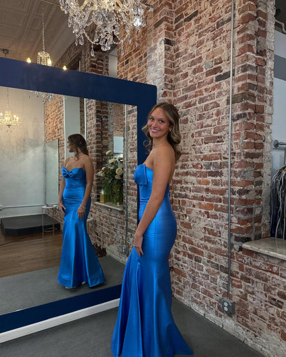 Robe de bal sirène en satin bleu sans bretelles, robe de soirée formelle J6880