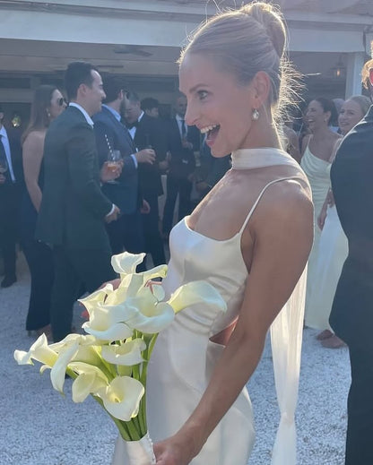 Robe de mariée en satin blanc à bretelles spaghetti, robe de soirée formelle J6882