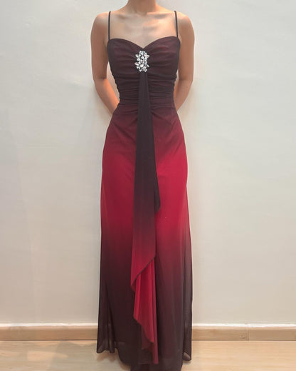 Spaghetti Straps Burgundy Gradient Prom Dress Chiffon Vintage Dress J6887