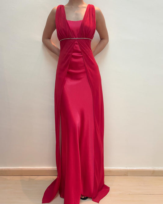 Red Evening Party Dress Vintage Satin Chiffon Formal Dress J6889