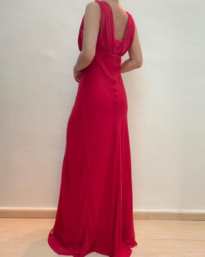 Red Evening Party Dress Vintage Satin Chiffon Formal Dress J6889