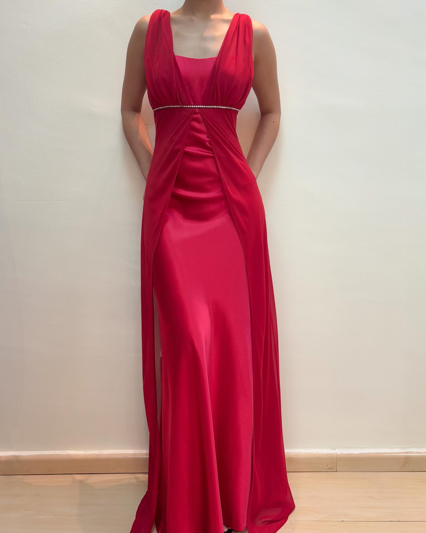 Red Evening Party Dress Vintage Satin Chiffon Formal Dress J6889