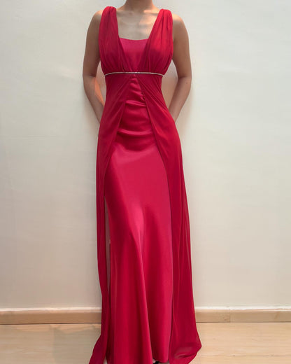 Red Evening Party Dress Vintage Satin Chiffon Formal Dress J6889