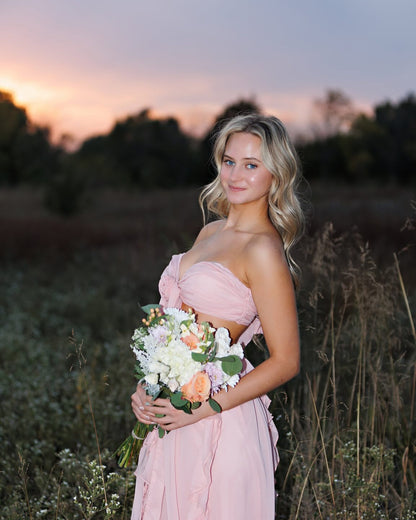 Rosa A-Linie Chiffon Ballkleid mit Herzausschnitt und Rüschen J6890