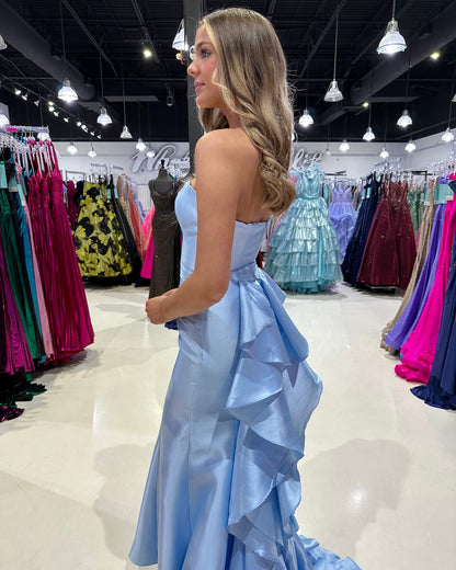 Trägerloses blaues Rüschen-Ballkleid, formelles Partykleid J6892