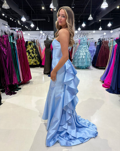 Trägerloses blaues Rüschen-Ballkleid, formelles Partykleid J6892