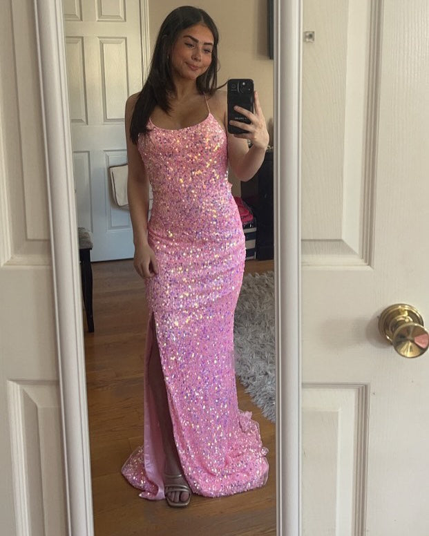 Robe de soirée sirène rose à paillettes, robe de bal de fin d'année avec fente J6893