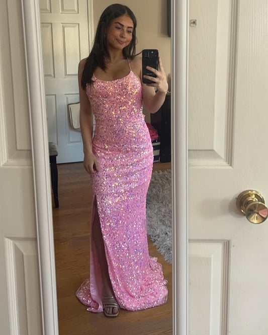 Pink Mermaid Sequin Evening Dress Formal Senior Prom Dress With Slit J6893