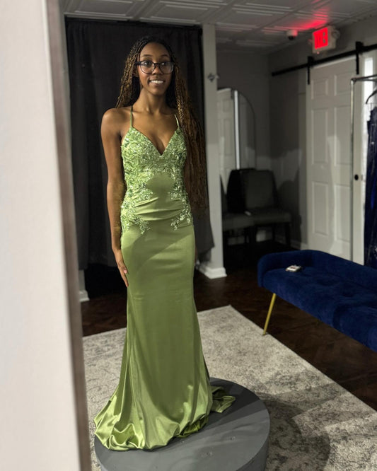 Spaghetti Straps Mermaid Satin Prom Dress Applique Formal Party Dress J6905