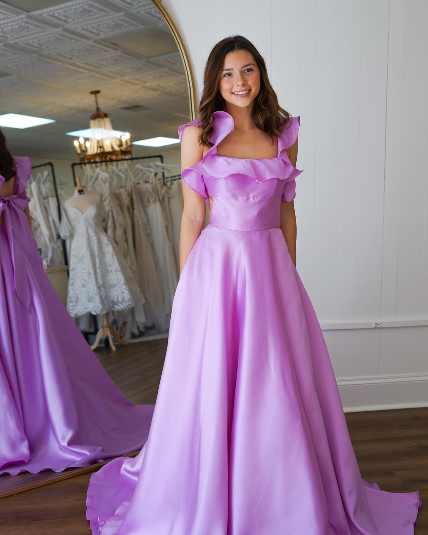 Robe de bal trapèze en satin à volants, robe de soirée formelle J6907