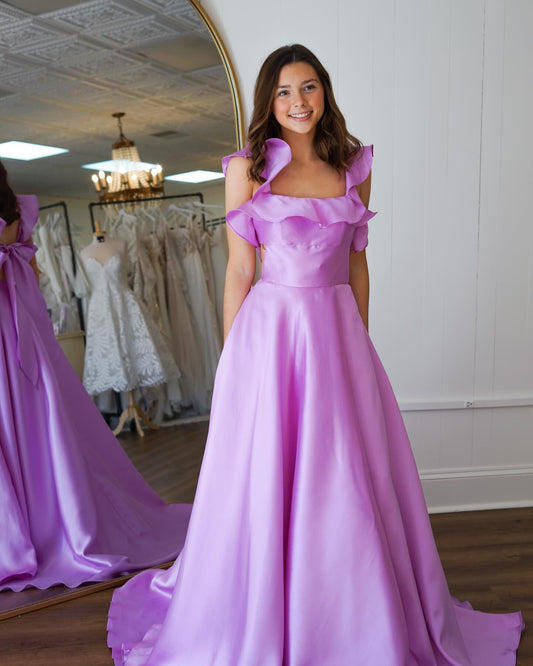 Robe de bal trapèze en satin à volants, robe de soirée formelle J6907